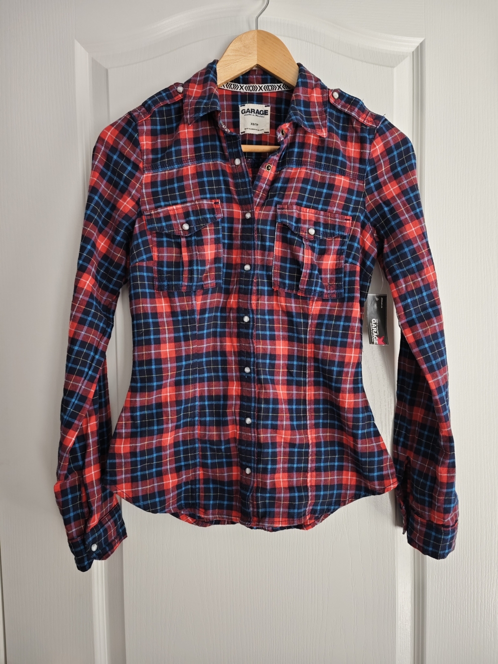 Y2K Vintage Women's Garage Red & Blue Plaid Button-Up Shirt, NWT